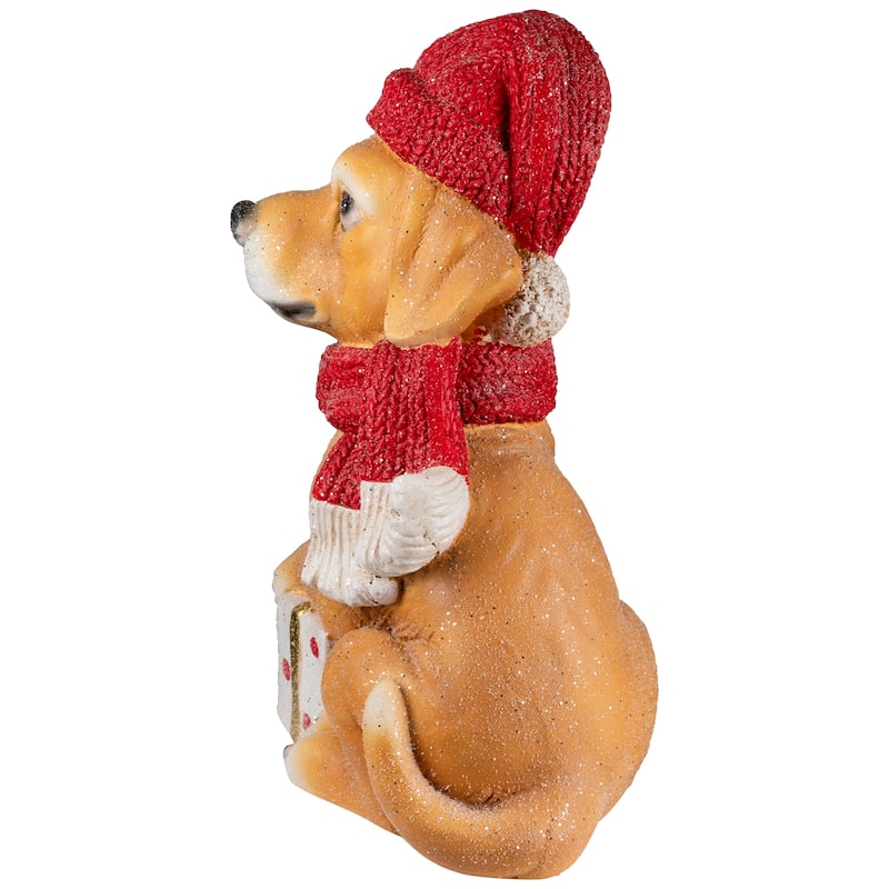 Glittery Dog with Gift Wearing Scarf and Hat Christmas Decoration - 15"