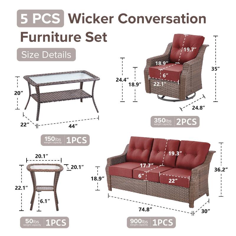 Gymojoy Wicker Patio Furniture Sofa Set, 6-Inch Ultra Thick Cushioned 360°Swivel Glider Chairs & Sofa Set