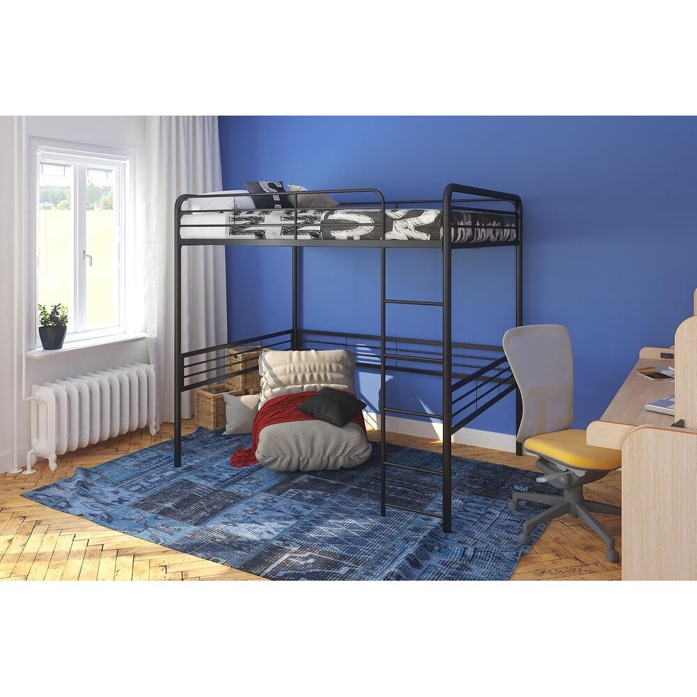 Full Metal Loft Bed with Ladder, Space-Saving Design, Black, Full Size