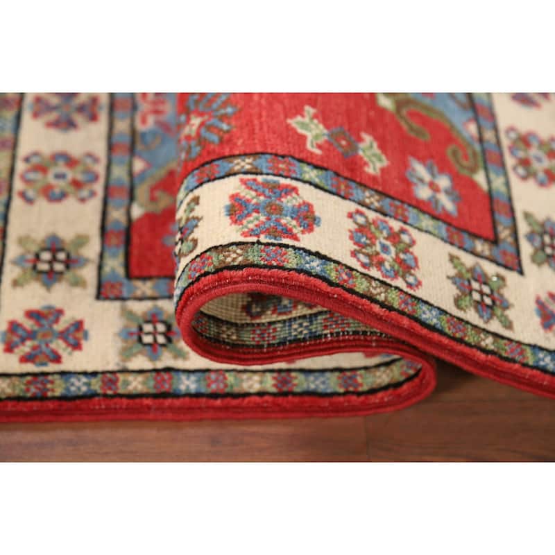 Red Geometric Kazak Oriental Foyer Rug Hand-Knotted Wool Carpet - 1'11" x 3'1"