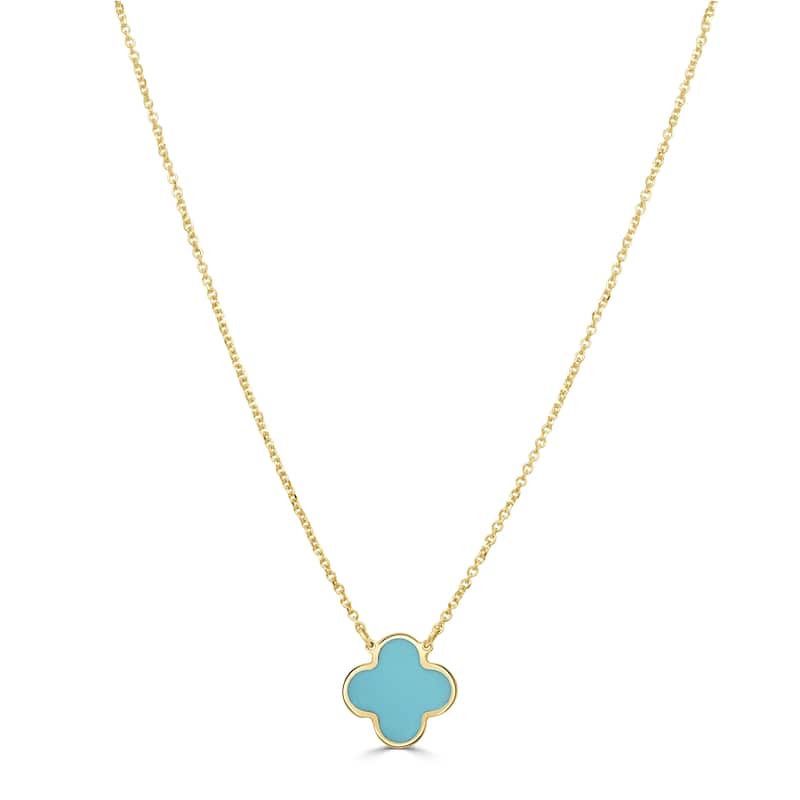 Italian Gold 14K Yellow Gold Single Clover Necklace - Made In Italy 10mm Clover 16-18 Inch Chain 1.60 grams - Blue