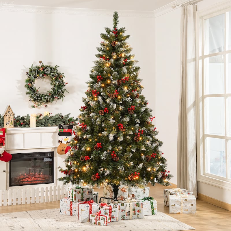 6FT & 7.5FT Artificial PVC Christmas Tree with Warm White and Multicolor LED Lights and Metal Stand - 6 Foot