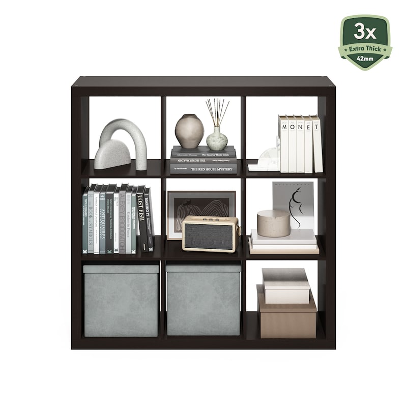 Furinno Cubicle Extra Thick Frame Decorative Cube Storage Organizer, 9-Cube, Dark Oak