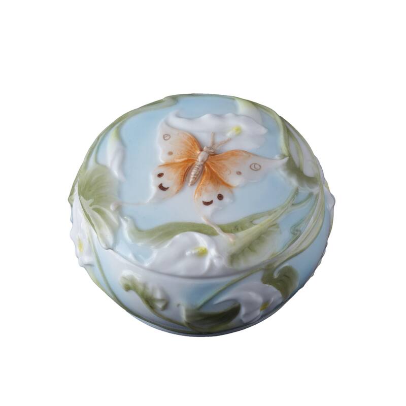 Charis 3.54" width Butterfly & Calla Lily Trinket Box Fine Porcelain