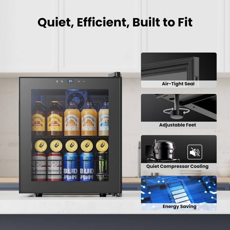 Yeego 1.62 Cu.Ft Beverage Cooler with Glass Door, LED Light, Adjustable Shelves, Energy-Efficient Mini Fridge
