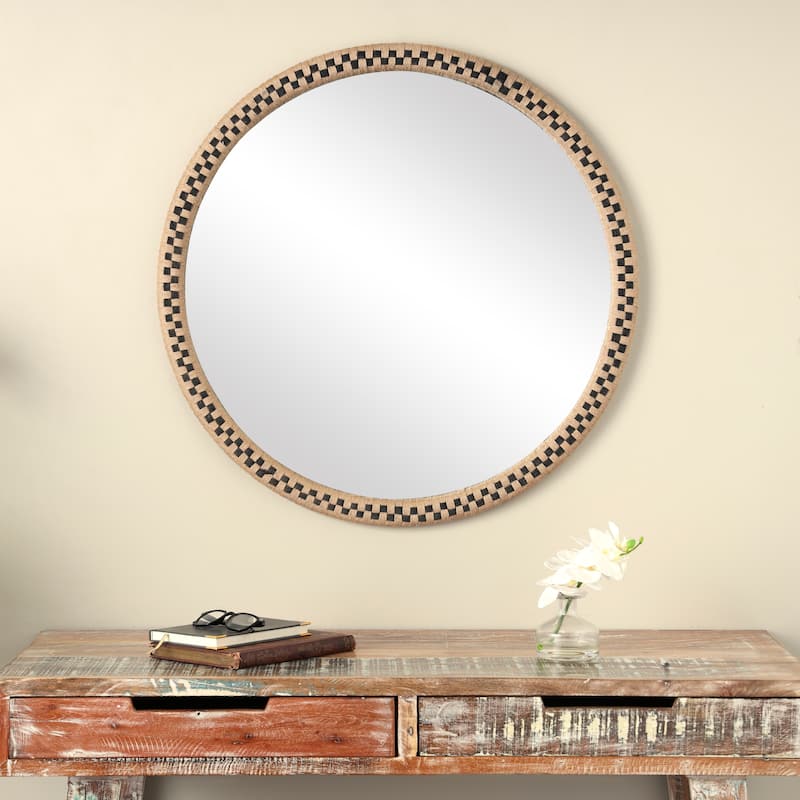 Brown Wooden Handmade Woven Checkered Room Wall Mirror - Brown