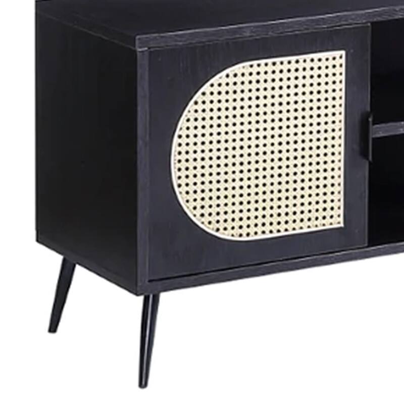 60 Inch TV Entertainment Center, Rattan Front 2 Cabinet, Metal Legs, Black