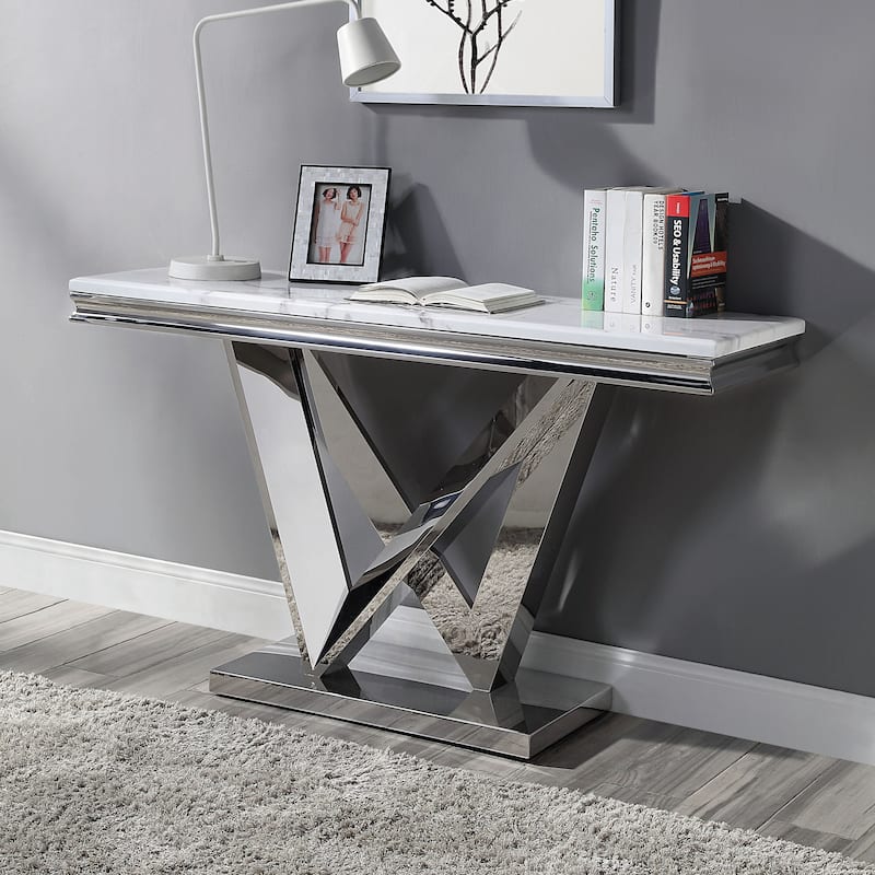 Kaliki Glam Chrome 55-inch Faux Marble Sofa Table by Furniture of America - Chrome