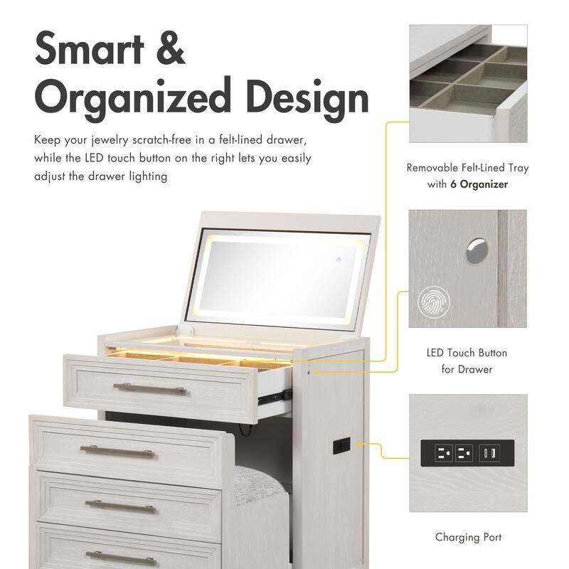 Furniture of America Elettra Modern Wood White Vanity Set with Storage Stool