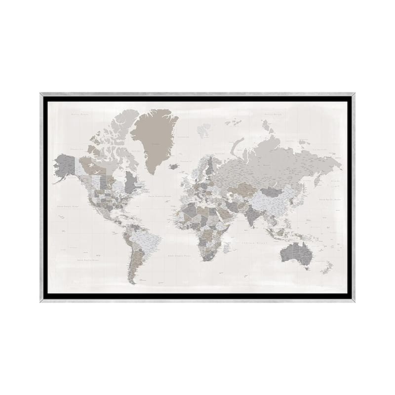 iCanvas "Highly Detailed World Map In Taupe, Donah" by blursbyai Framed