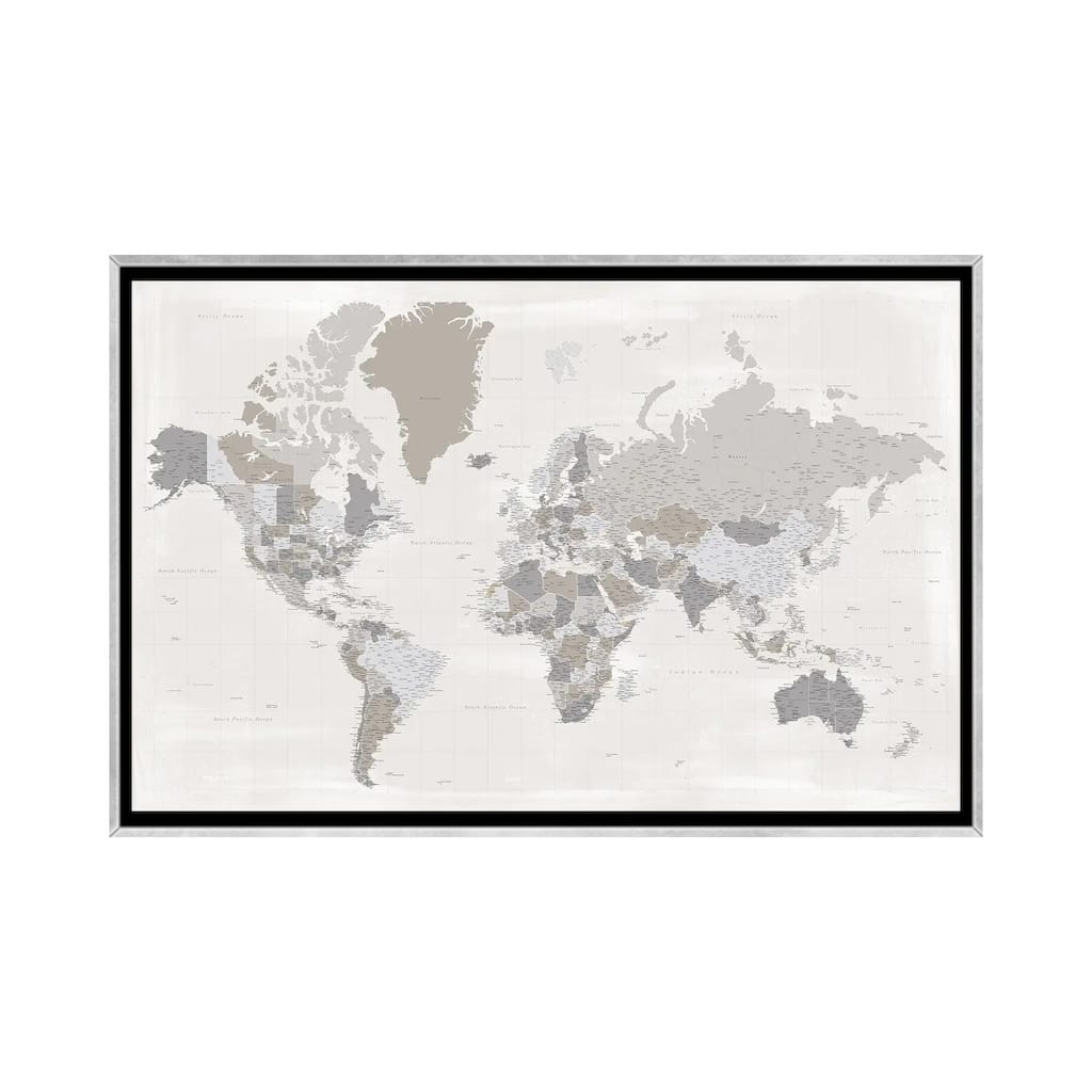 iCanvas "Highly Detailed World Map In Taupe, Donah" by blursbyai Framed
