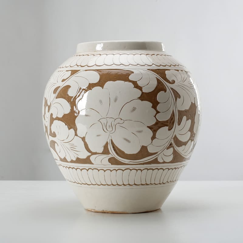Artissance 11.4" Tall Amalfi Double Glazed Apple-Shaped Vase With Flower Motif - Off White