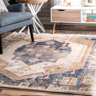 Nuloom Blue Transitional Vintage Glossy Shay Medallion Faded Border Area Rug