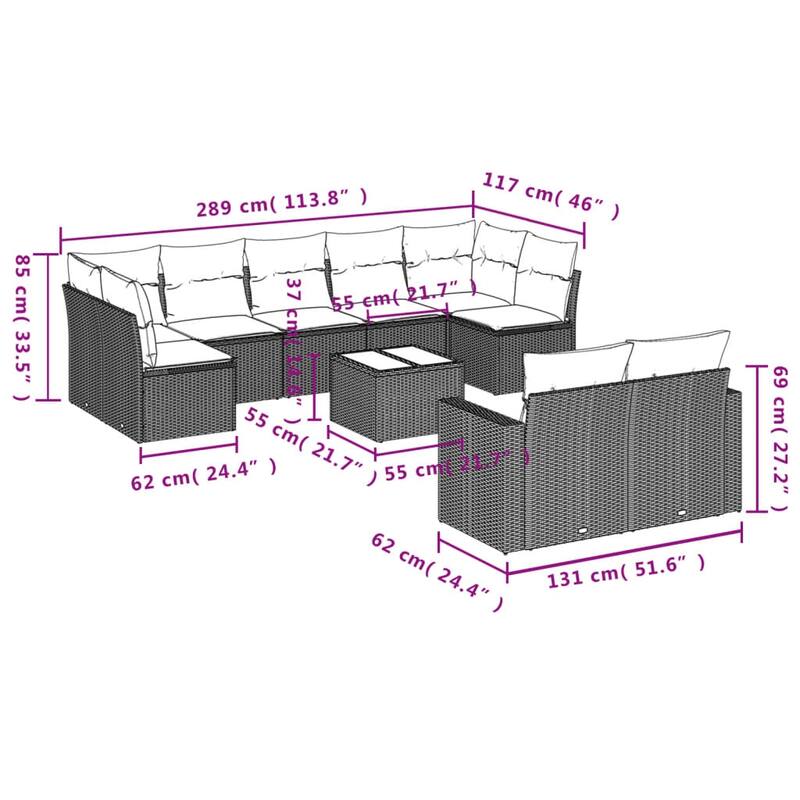 vidaXL 10 Piece Patio Sofa Set with Cushions Black Poly Rattan - 24.4" x 24.4" x 27.2"