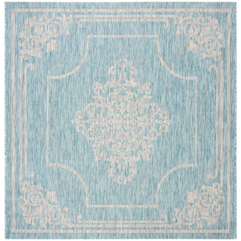 SAFAVIEH Courtyard Torlaug Indoor/ Outdoor Waterproof Patio Backyard Rug - 6'7" Square - Aqua/Grey