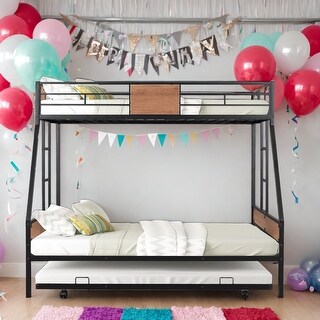 Modern Twin over Full Bunk Bed with Wooden Decoration and Safety Guardrail and Convenient Trundle