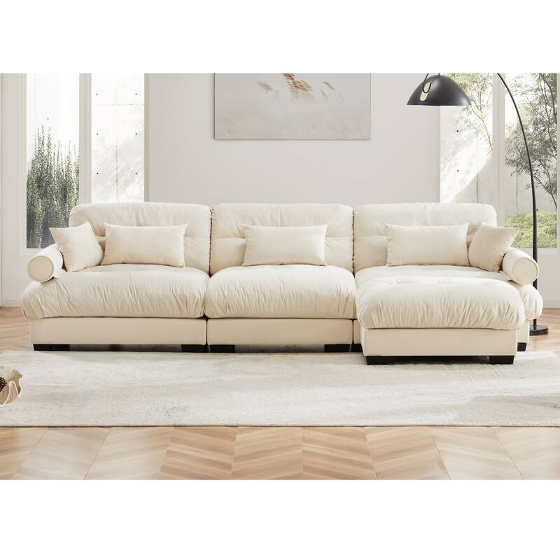 Oversized Velvet Modular Sofa, 130" 3 Seater Modern Sectional Sofa Set with Movable Ottoman, L-Shaped Upholstered Couches