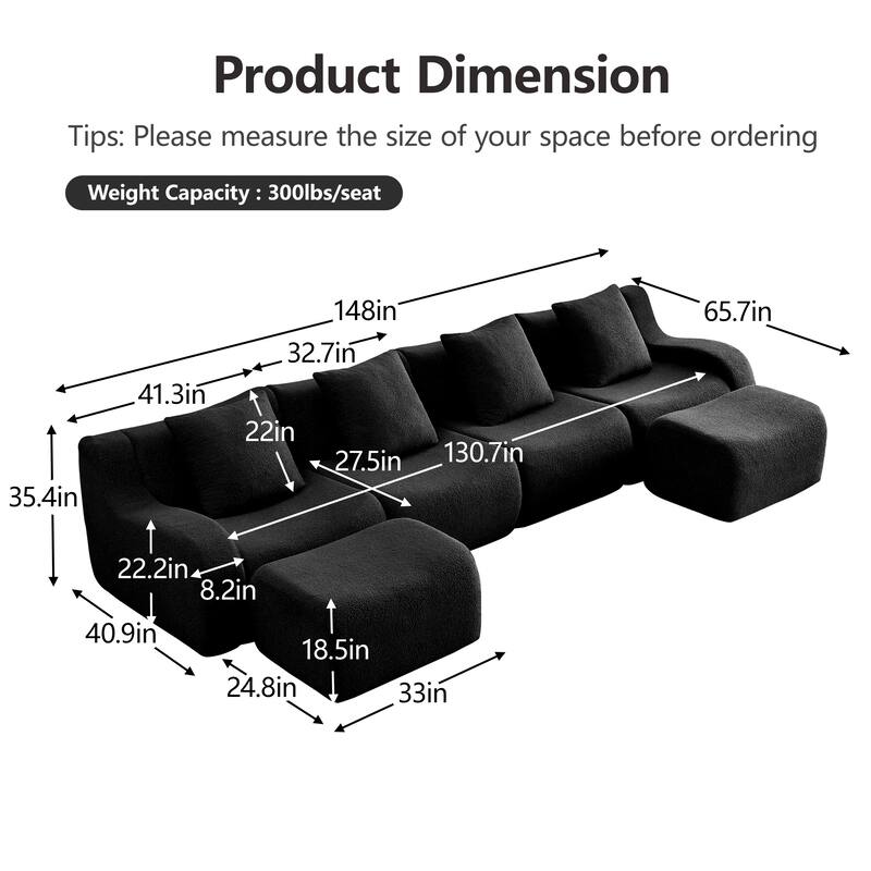 Anmytek Modern Comfortable U-Shaped Boneless Teddy Fabric Sofa - No Assembly Required Full Compression Vacuum Package