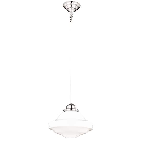 slide 2 of 9, Huntley Satin Nickel Farmhouse Milk Glass Schoolhouse Pendant Light - 12-in W x 14.75-in H x 12-in D Satin Nickel - 12-in W x 14.75-in H x 12-in D