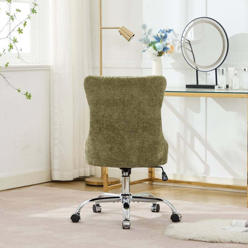 Chenille Upholstered Swivel Office Chair, Tufted Button Home Office Chair, Adjustable Vanity Chair with Metal Base