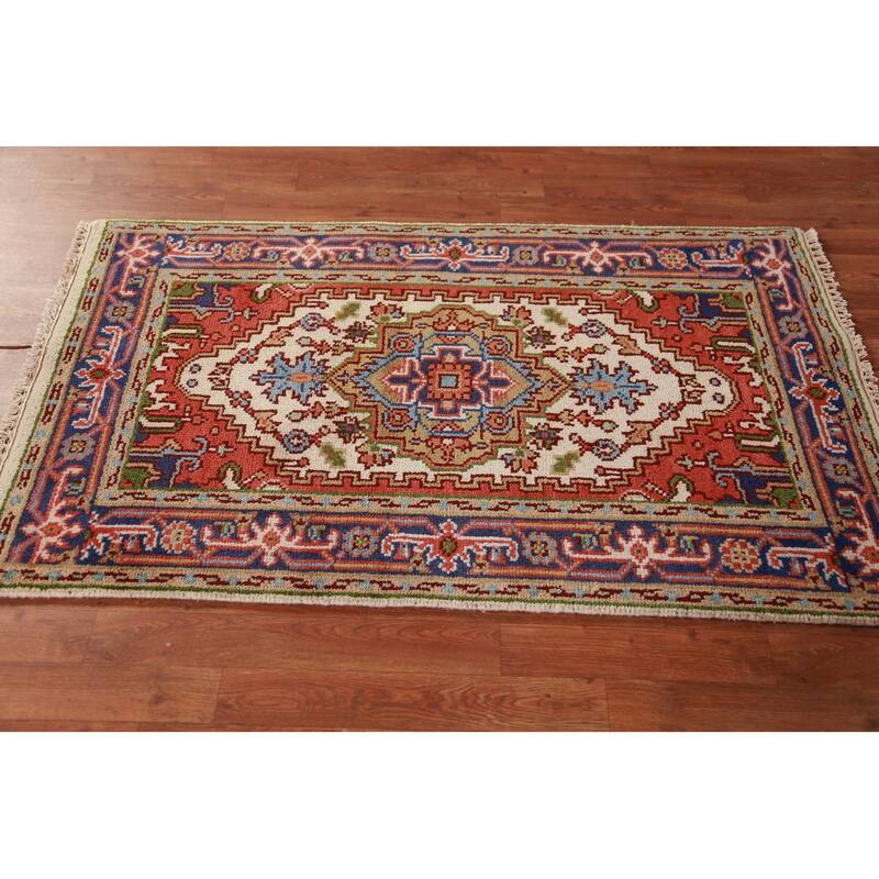 Ivory Geometric Heriz Serapi Indian Foyer Rug Handmade Wool Carpet - 3'0"x 4'11"