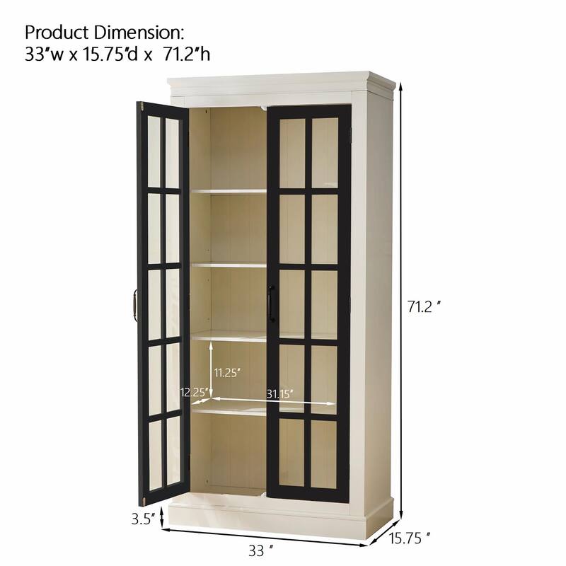 Farmhouse Glass Curio Cabinet - 71" Tall with Adjustable Shelves