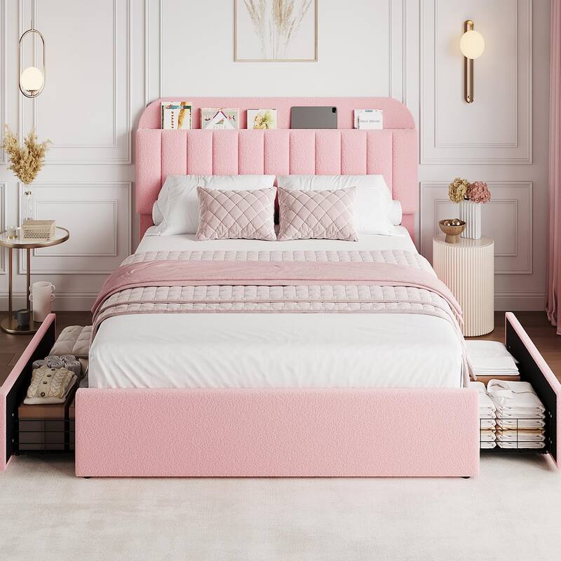 Twin/Full Bed Frame with 2 Flexible Drawers and Bookcase Headboard, Boucle Upholstered Platform Bed for Boys/Girls
