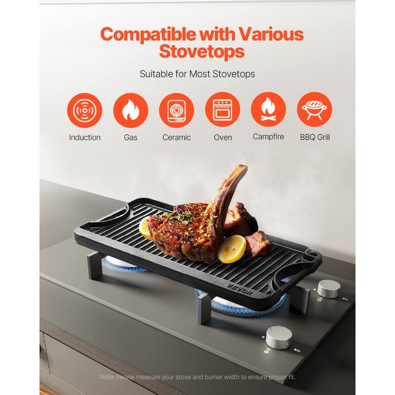 Black Reversible Flat Cast Iron Griddle Grill BBQ Pan with 500°F Heat Resistant for Indoor Outdoor Cooking