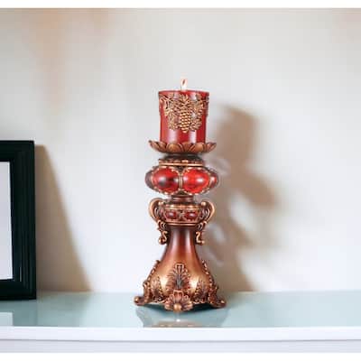 HomeRoots 16" Tall Red and Brown Faux Marble Candle Holder with Candle - 7
