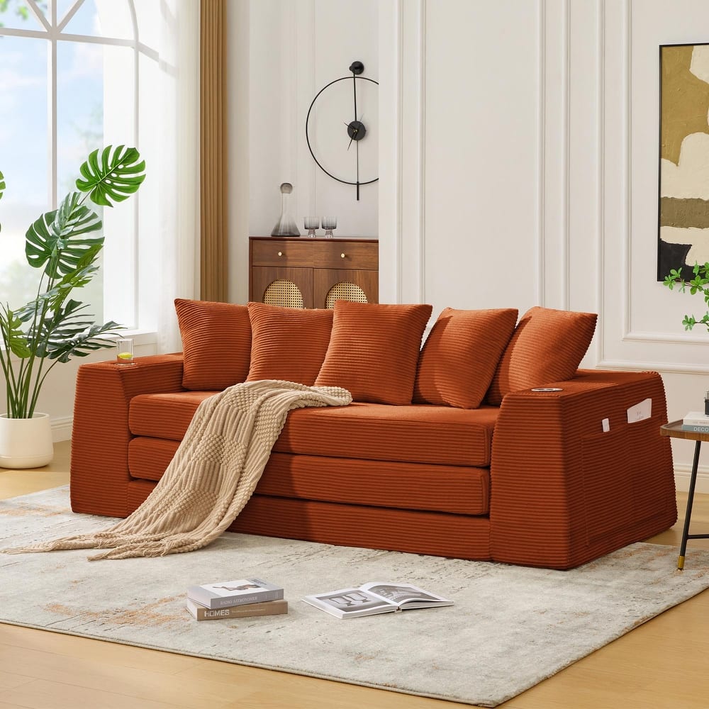 2-in-1 Convertible Corduroy Sofa Bed Folding Sleeper Loveseat Couch Full Floor Bed with Pillows, Storage Pockets and Cup Holders
