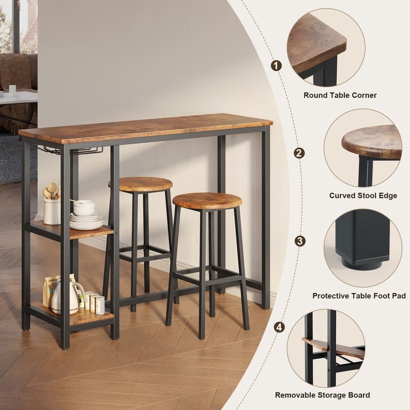 Bar Table Set with 2 Stools for Breakfast Nook, Dining Room, Living Room, Kitchen, Dining Hall