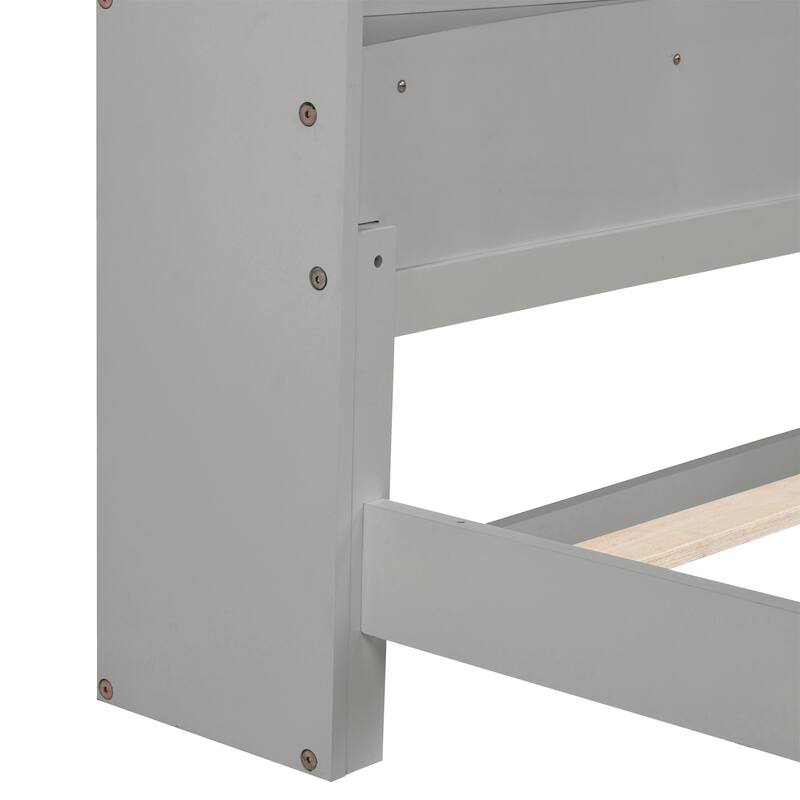Twin Size Pine Bed w/ Bookcase Headboard ,LED Sensor Light, Guardrails