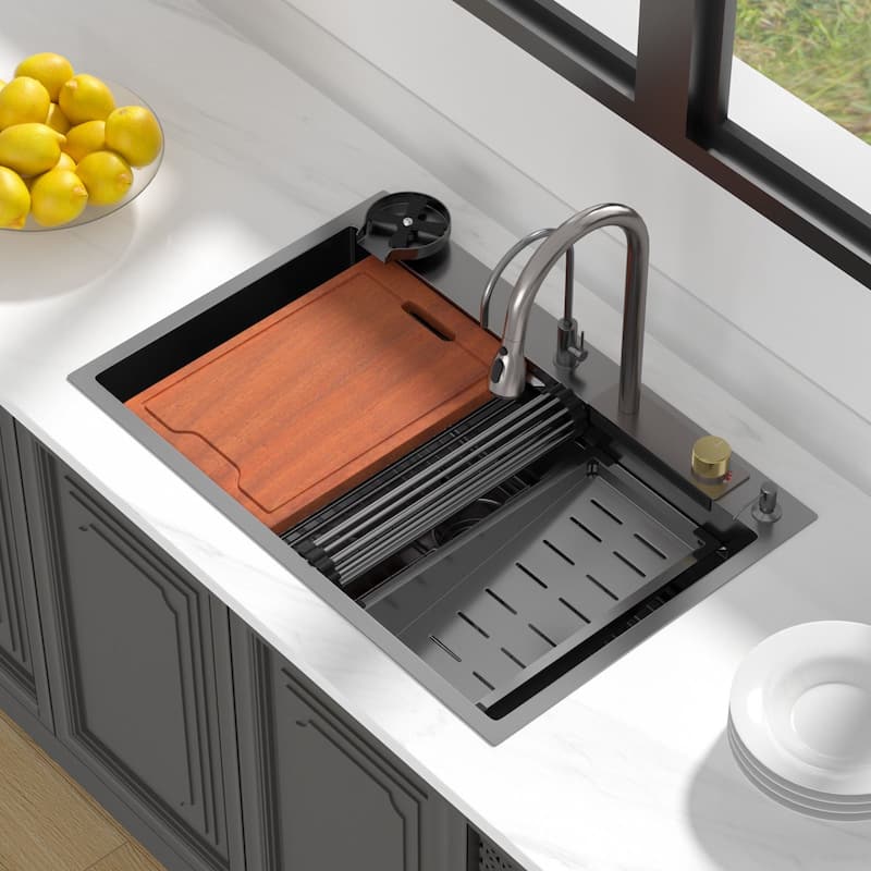 33x22 in. Fly Rain Drop in Kitchen Sink Single Bowl Waterfall Workstation Kitchen Basin with Faucet