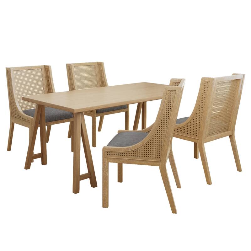 Sorenza 5pc Dining Set with Cushioned Seats, Cane Rattan Webbing, Rubberwood by Christopher Knight Home - Natural Oak+CHARCOAL+Natural Cane