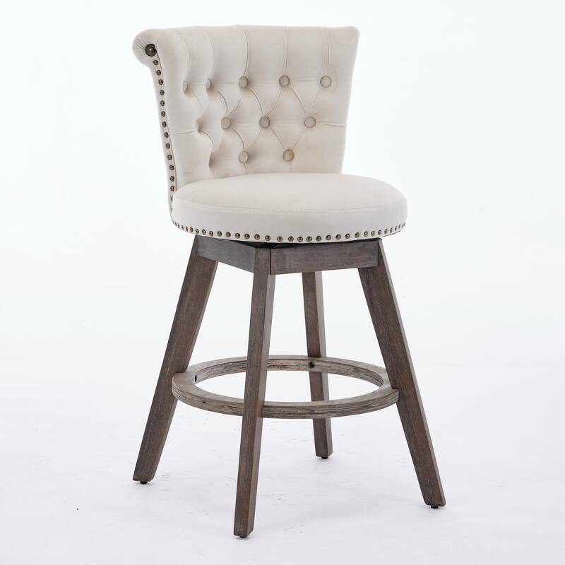 Set of 2 360° Swivel Velvet Bar Stools, 26" Counter Height with Tufted Button Back & Wood Legs - Beige