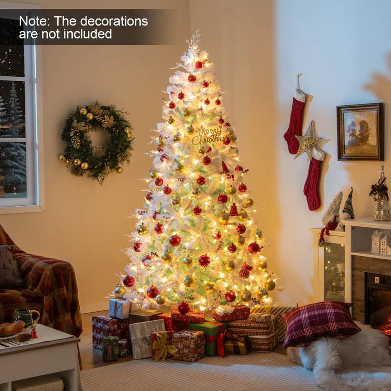 Gymax 7 FT Pre-Lit Artificial Christmas Tree w/855 Snow Flocked Branch