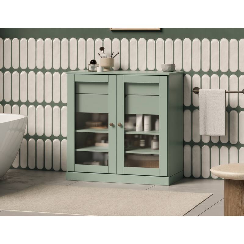 Palace Imports 100% Solid Wood 32" Bathroom Cabinet with Frosted Glass Doors, 2-Drawers and Adjustable Shelves - Sage