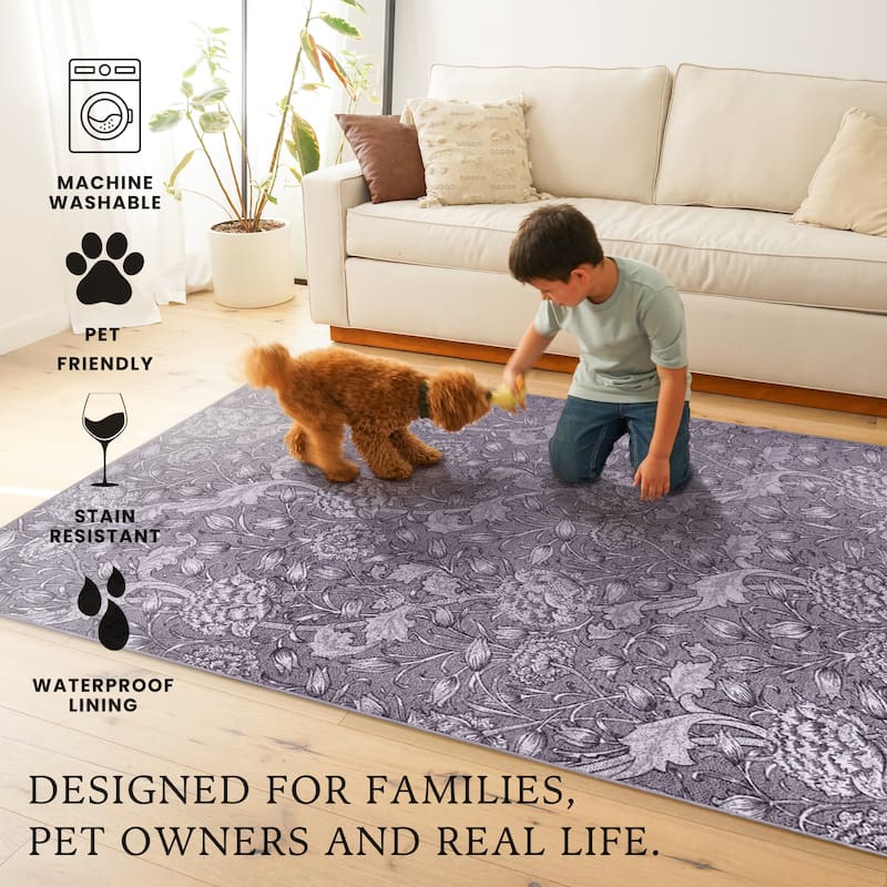 My Magic Carpet Kalini Floral Woodland Brown Machine Washable Rug