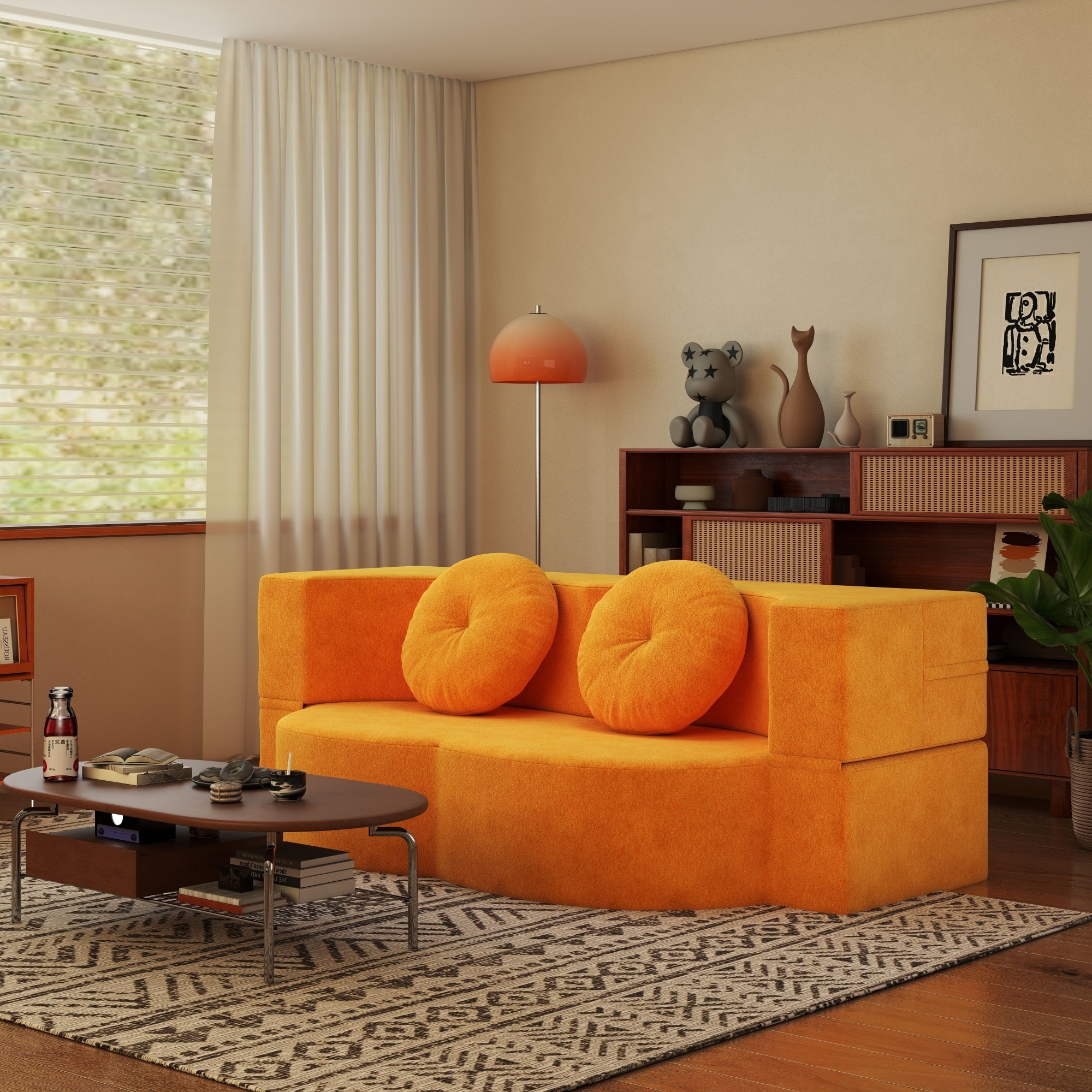 Modern 2-Seater Sofa Multi-Functional Folding Sofa Bed with Pillow, Curved Armrest, for Living Room, Apartment