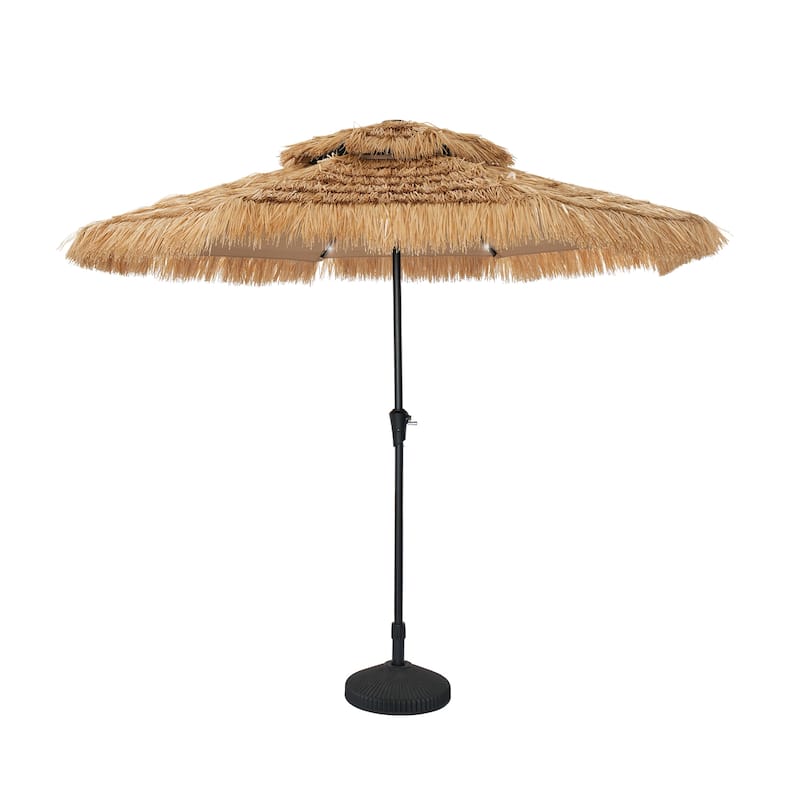 Clihome 9FT Patio 2-Top Hawaiian Style Thatch Umbrella With Lights - Brown With C-base