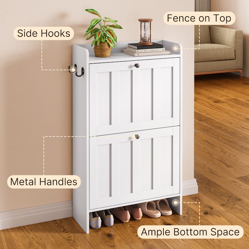 Shoe Cabinet with Flip Drawers, Slim Shoe Storage Cabinet for Entryway, Freestanding Narrow Rack with Open Storage