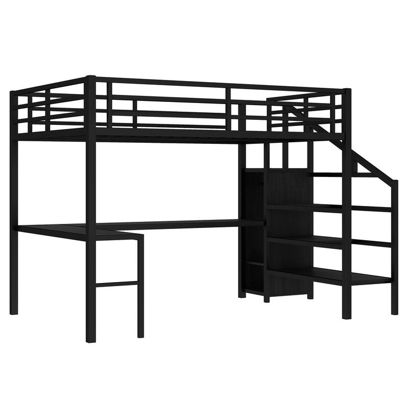 Queen Size Loft Bed with L-shaped Desk and USB, Metal Loft Bed with Wardrobe and Adjustable Shelf