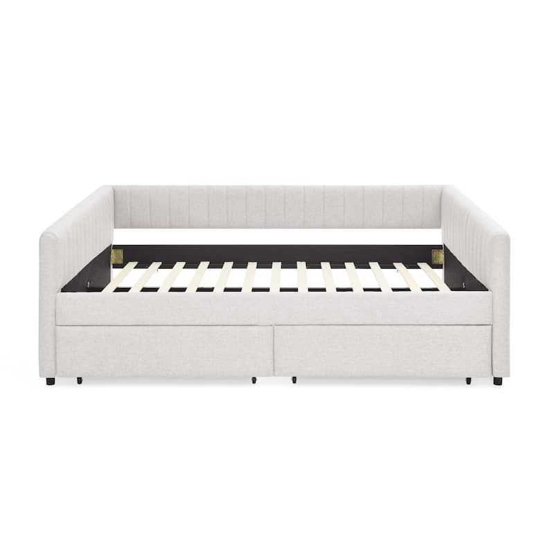Roomfitters Queen Upholstered Daybed with Trundle and Storage Drawers, Vertical Striped Linen Sofa Bed