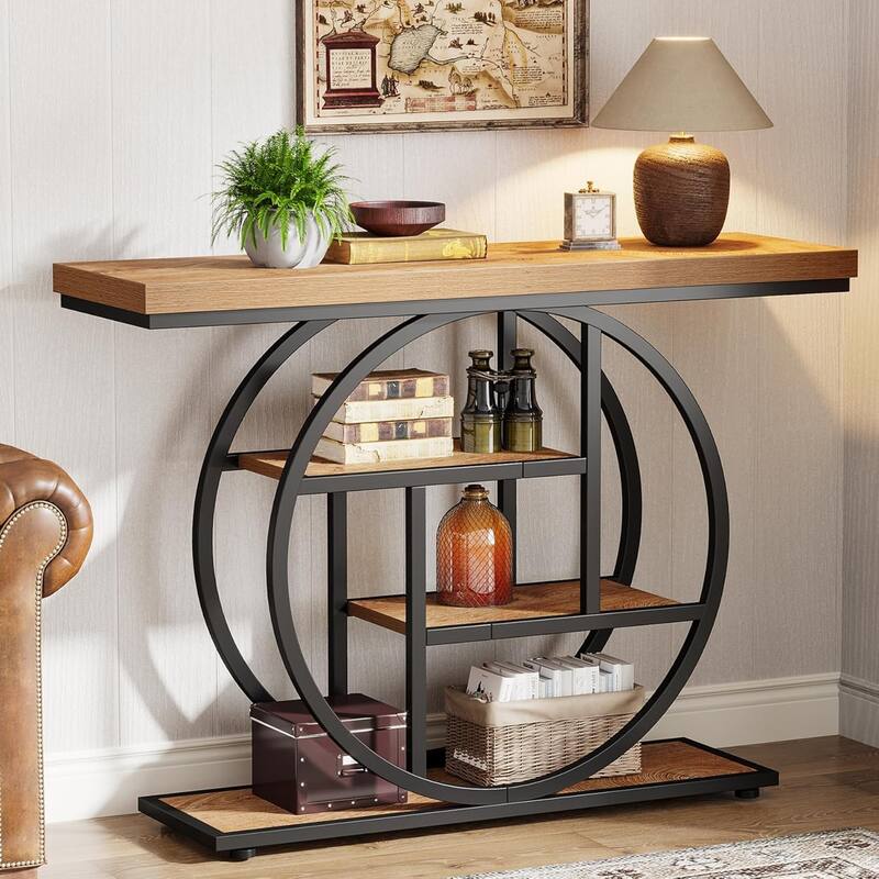41.3 Inches Industrial 4-Tier Console Table with Circle Base for Living Room, Hallway, Foyer -  Light Brown