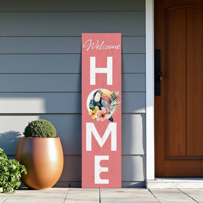 HomeRoots 36" Pink And White Solid Wood Tropical Floral Welcome Home Porch Sign - White/Pink - Wood