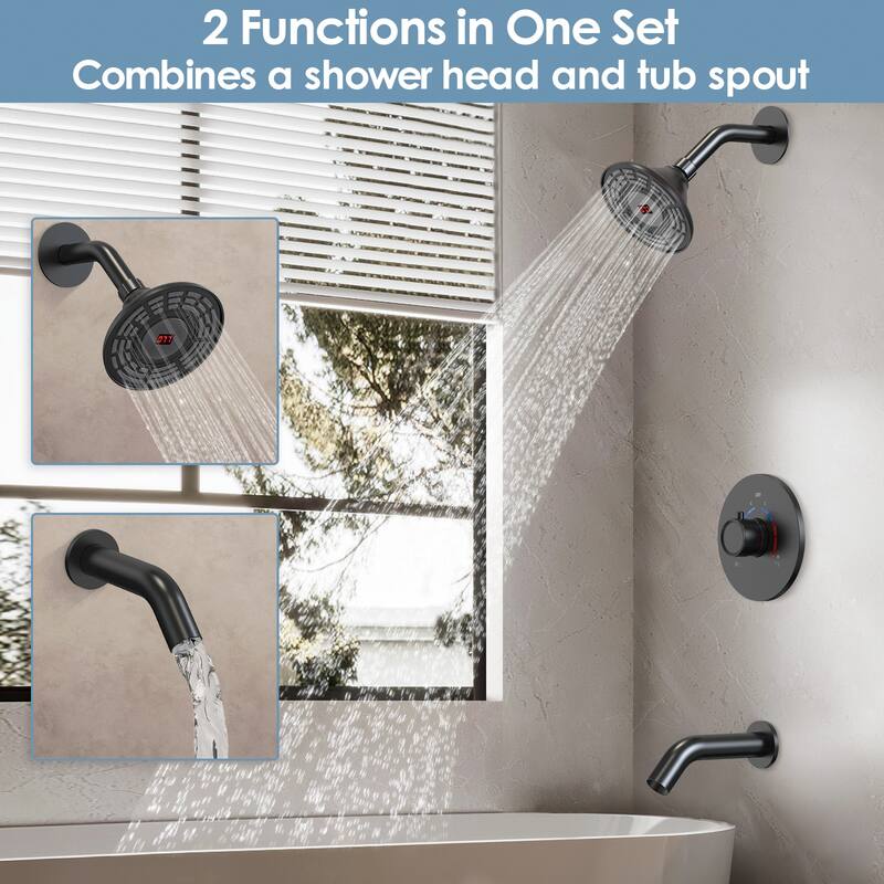 GRANDJOY 5 inch Wall Mount Shower Head with Tub Spout Shower Faucet Set Temperature Display Pressure Balanced Valve