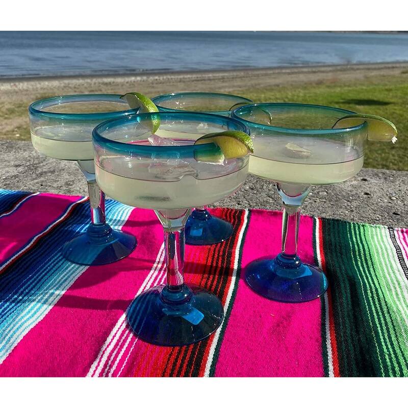 Dos Suenos Mexican Hand Blown Glass - Set of 4 Hand Blown Margarita Glasses (16 oz) with Aqua Blue Rims