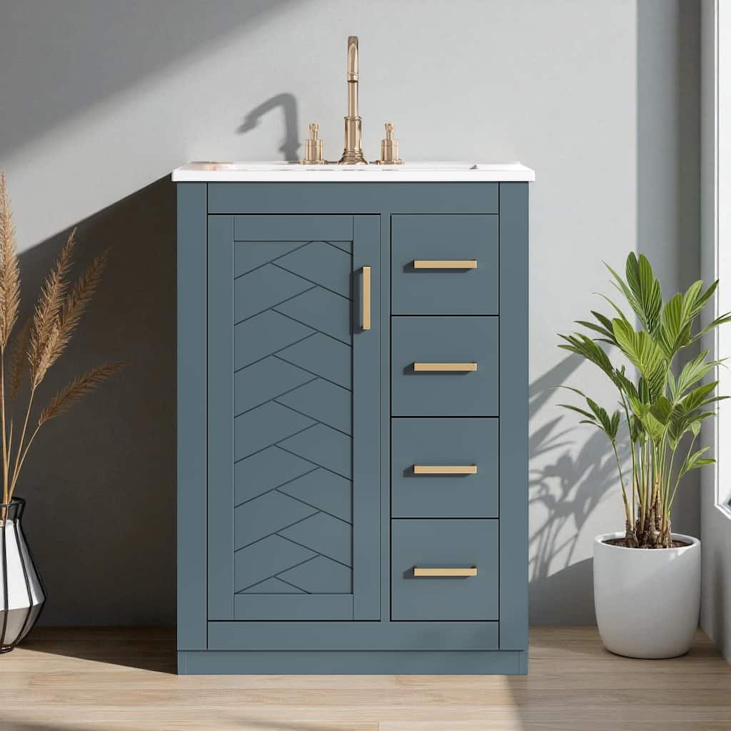 24-Inch Bathroom Vanity with Sink, Modern Solid Wood and MDF Cabinet with 1 Door and 3 Drawers for Small Bathroom