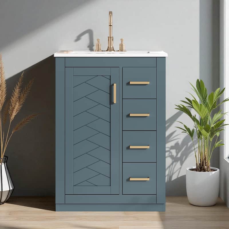 24-Inch Bathroom Vanity with Sink, Modern Solid Wood and MDF Cabinet with 1 Door and 3 Drawers for Small Bathroom - Blue