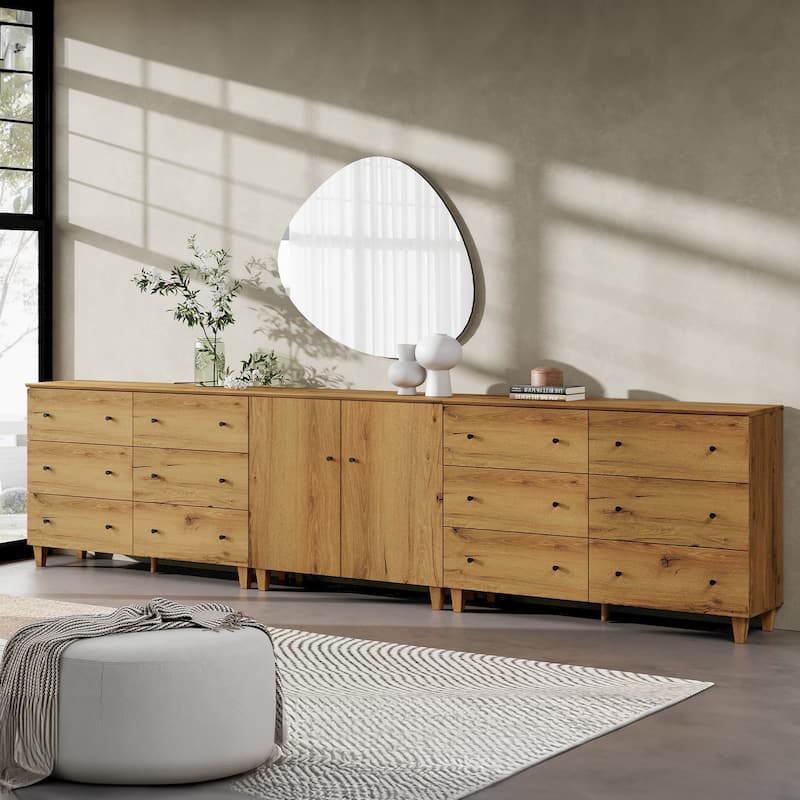 Wood Dresser with 12 Drawers and 1 Cabinet for Bedroom, 130" Wide - Oak Brown